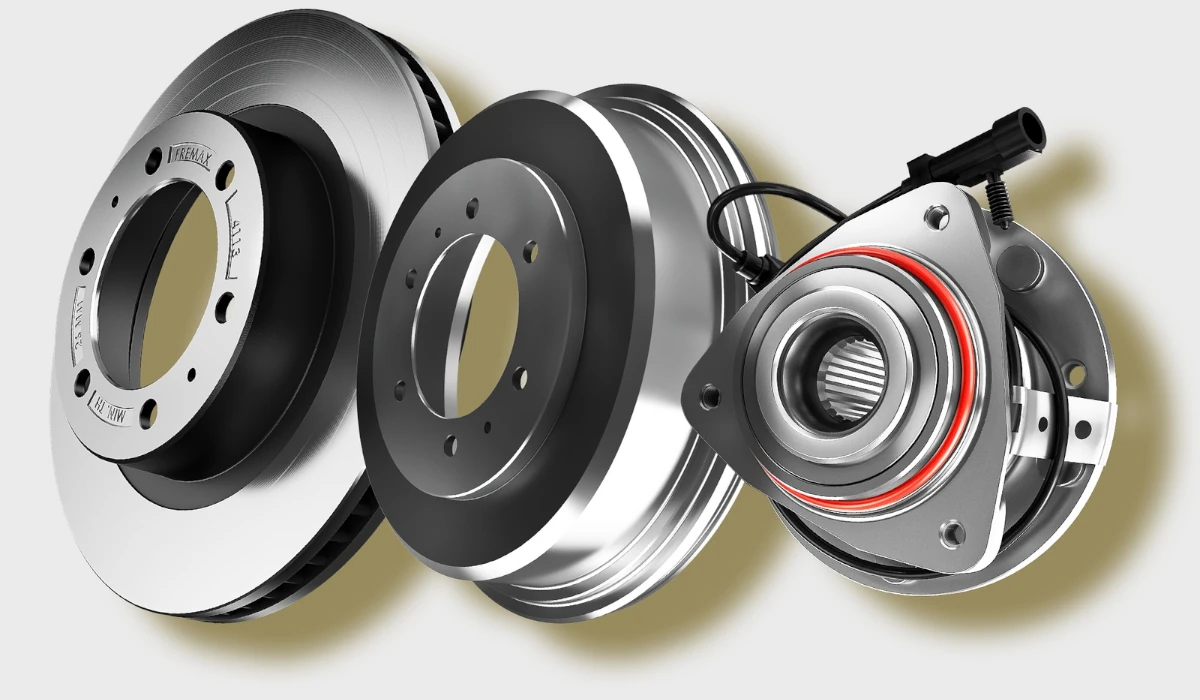 Imagem mostrando três componentes do sistema de freio como um disco de freio.